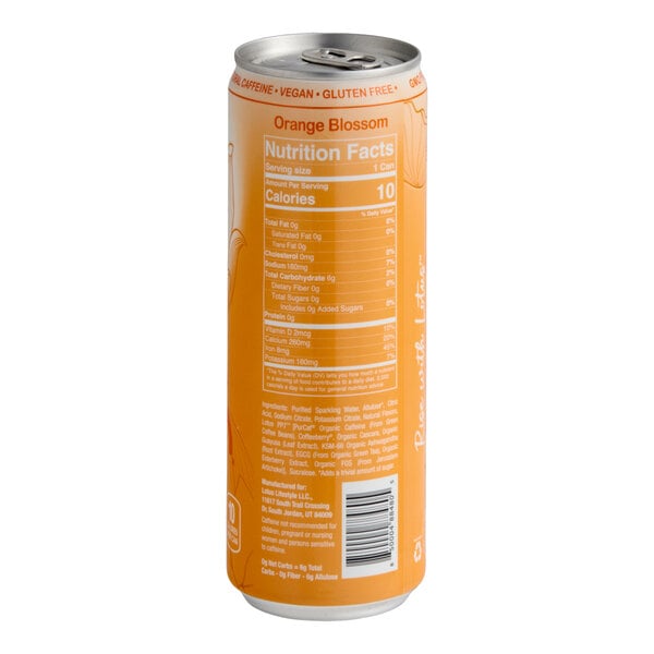 A tall, slim orange can with nutrition facts and ingredients label visible, featuring the flavor "Orange Blossom."