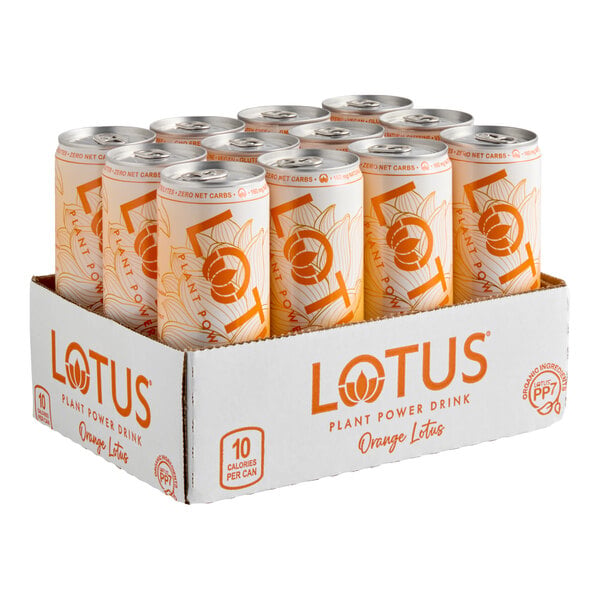A case of twelve orange and white cans labeled 'Lotus Plant Power Drink' arranged in a branded white cardboard tray.