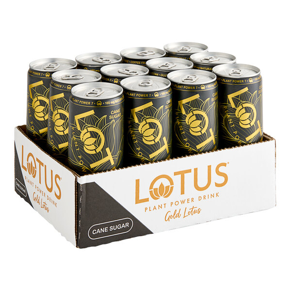 A case of black and gold Lotus Plant Power Energy Drink cans.