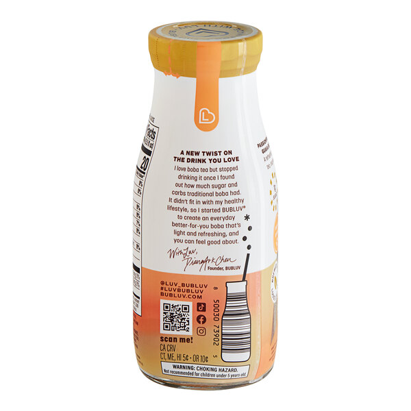 A close-up of a Bubluv Passionfruit Oolong Guava bottled drink with a label.