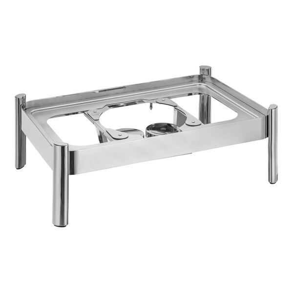 A silver stainless steel rectangular chafer stand with legs.