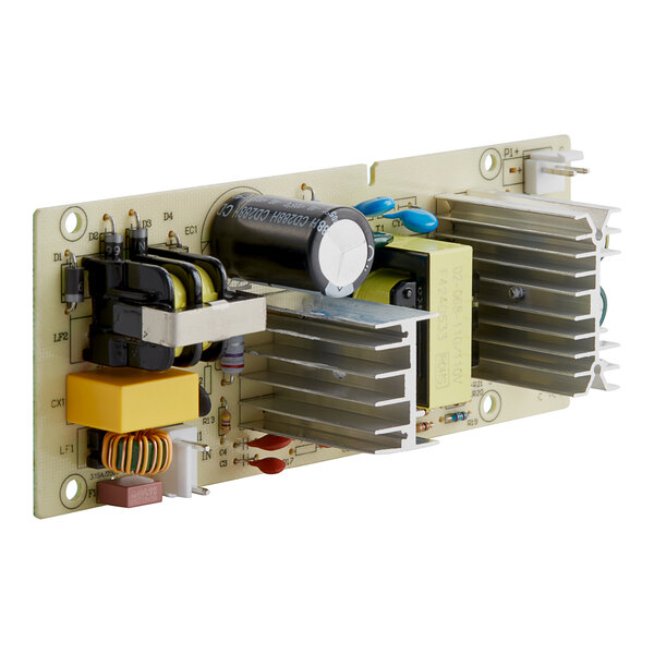 An Avantco power board for a commercial refrigerator with a circuit board and a black cylindrical object with white text.