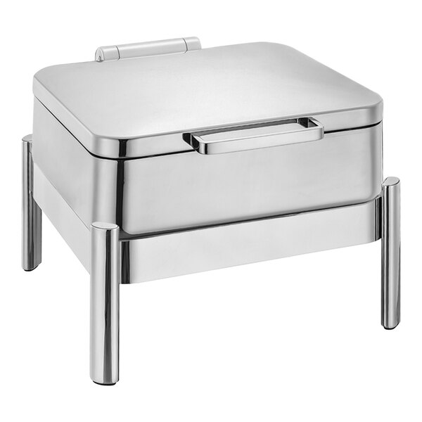 An Eastern Tabletop stainless steel rectangular chafer with a hinged lid on a counter.