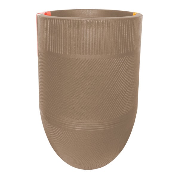 A brown planter with a yellow stripe.