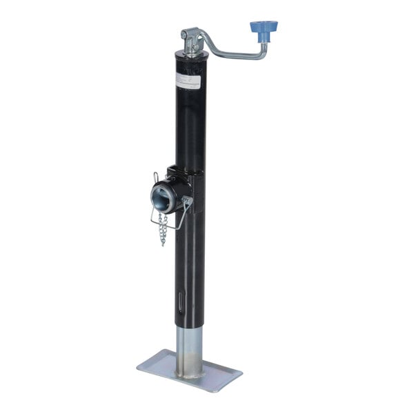 A black and silver Vestil steel tube ring trailer jack with a blue handle.