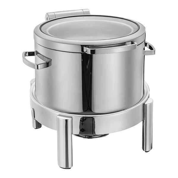 An Eastern Tabletop stainless steel soup chafer with a hinged glass lid.