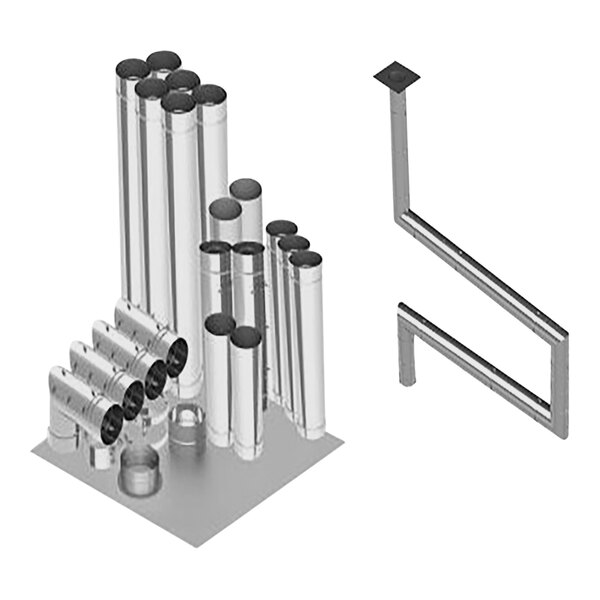 A metal pole with several metal pipes attached.