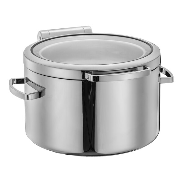 An Eastern Tabletop stainless steel soup chafer with a hinged glass lid.