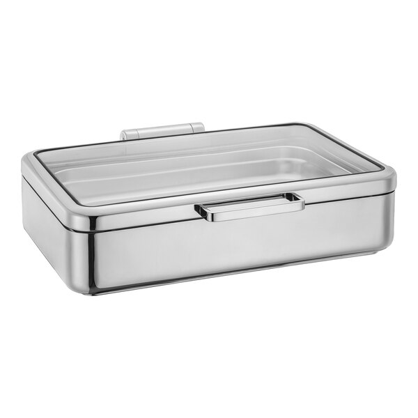 An Eastern Tabletop silver stainless steel rectangular container with a hinged glass lid.