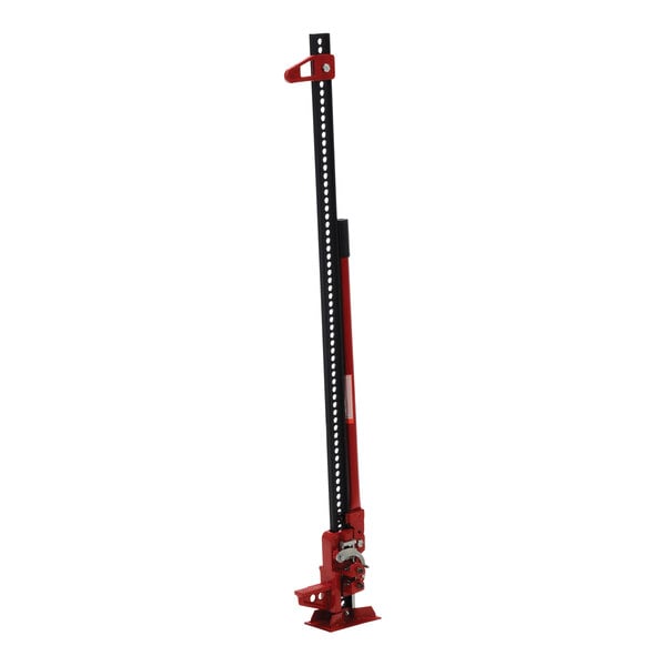 A red and black metal Farm Jack with a red handle.