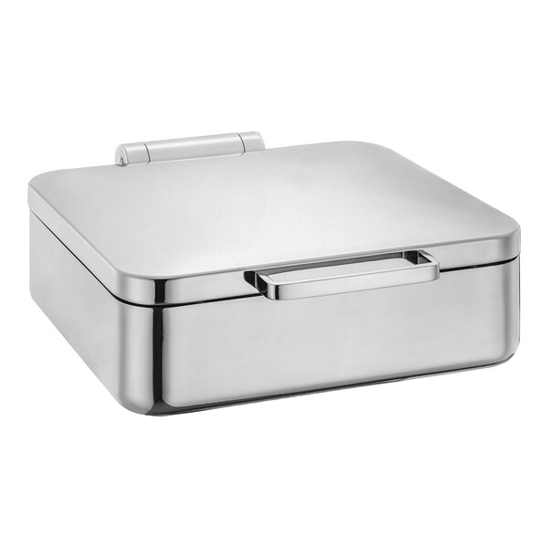 An Eastern Tabletop stainless steel rectangular container with a hinged lid.