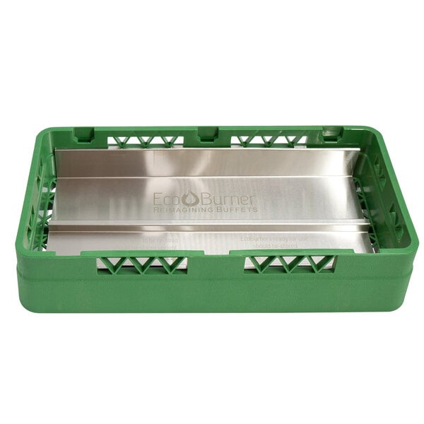 A green EcoBurner storage rack with stainless steel inserts on a counter.