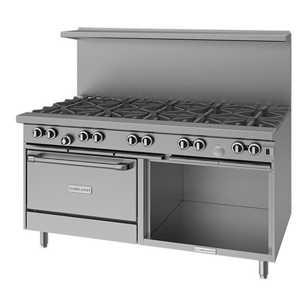 A large stainless steel commercial range with ten burners, a convection oven, and a storage base.