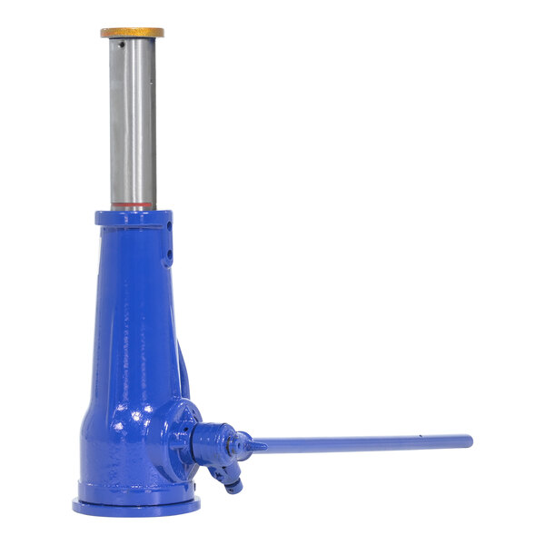 A blue and silver mechanical screw jack with a handle.