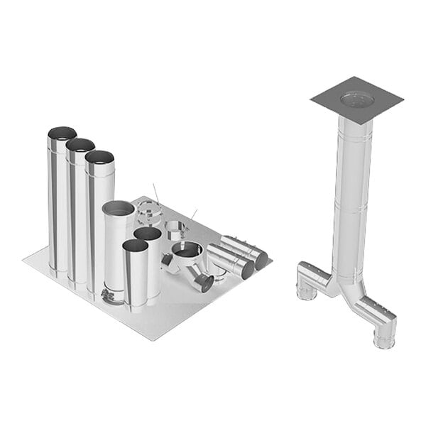 A silver pipe with a square object with a hole in it.