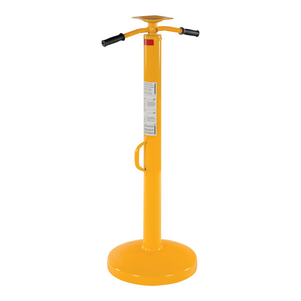 A yellow Vestil steel trailer stabilizing jack with black handles and wheels.