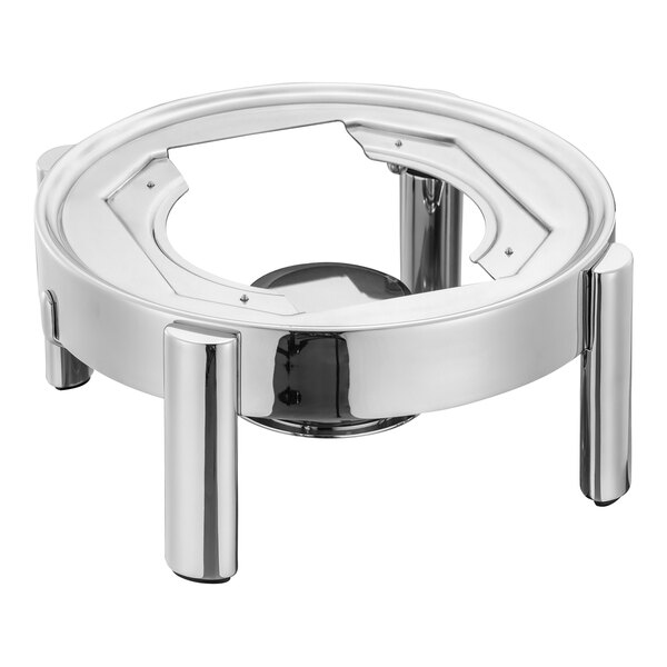 A silver circular stainless steel chafer stand with legs.