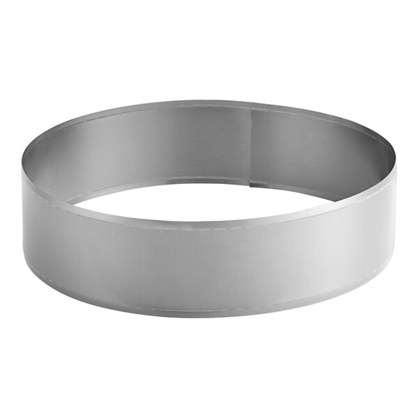 A circular stainless steel locking band with a white background.