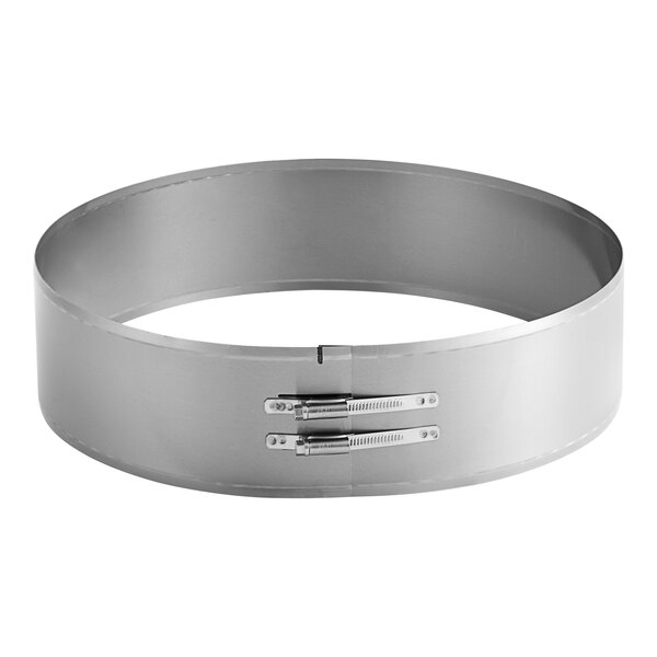 A stainless steel circular metal ring with two metal clasps.