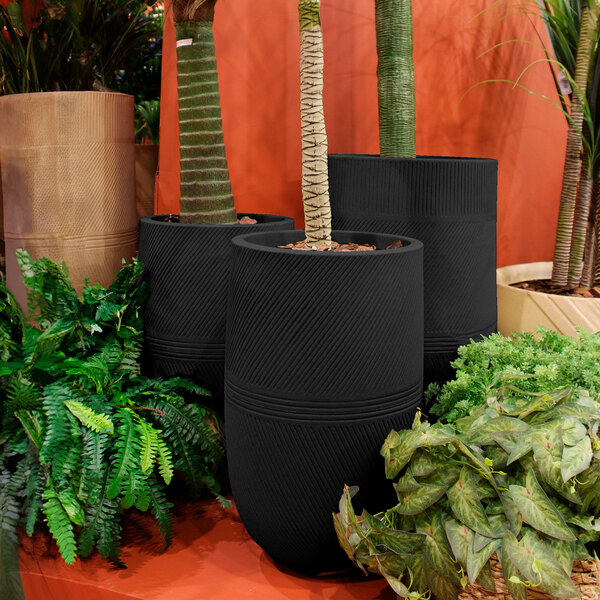 A group of Floridis Argos black planters with plants in them.