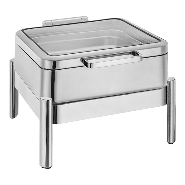 An Eastern Tabletop stainless steel chafing dish with a hinged glass lid.