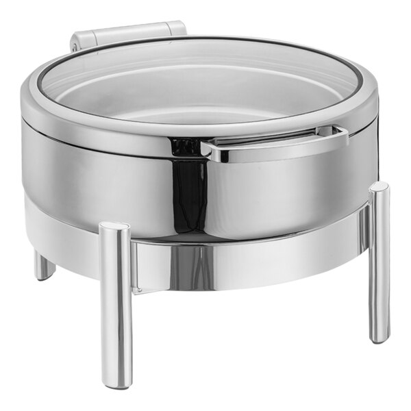 An Eastern Tabletop silver stainless steel chafer with a hinged glass lid.