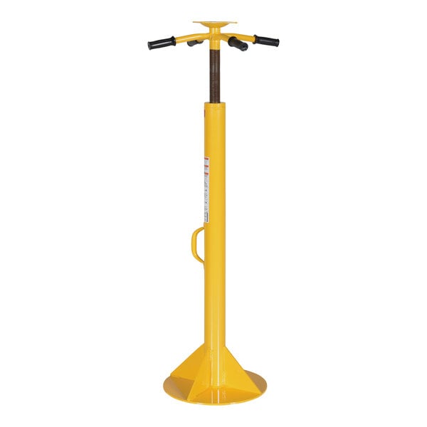 A yellow hydraulic cylinder with a black handle.