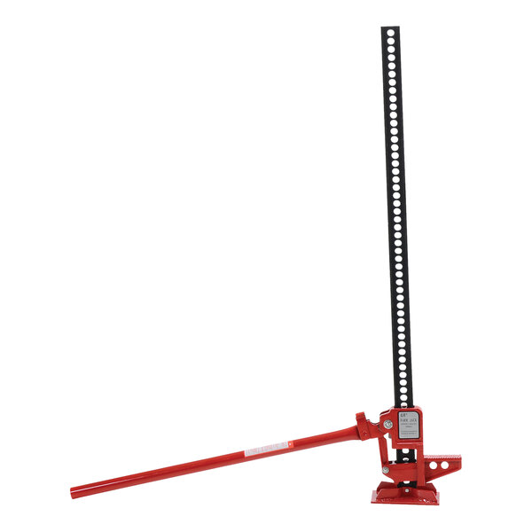 A red and black Vestil cast iron farm jack with a long pole.