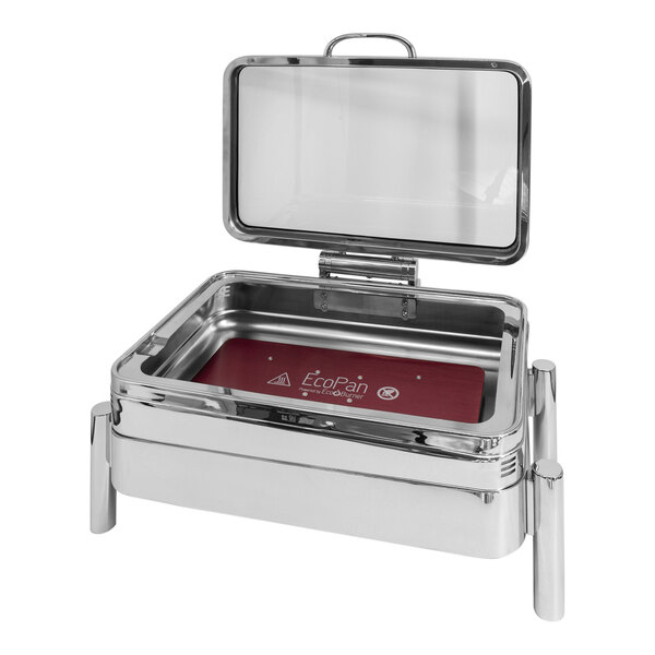 A silver rectangular stainless steel chafing dish with a hinged glass lid.