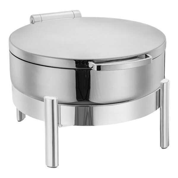 An Eastern Tabletop stainless steel round chafer with a hinged lid.