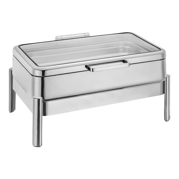 An Eastern Tabletop silver rectangular stainless steel chafer with a hinged glass lid.