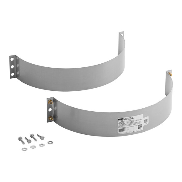 A pair of curved stainless steel light support bands.