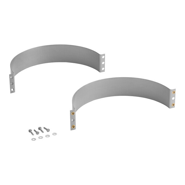 A pair of curved stainless steel bands with screws and nuts.