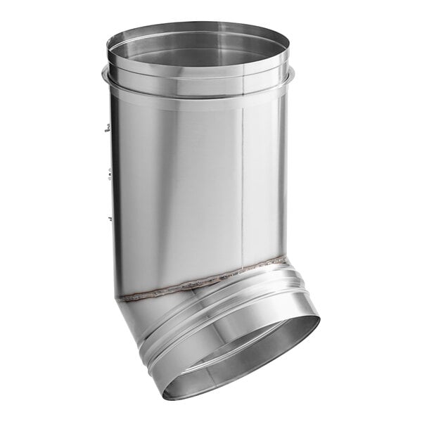 A stainless steel NAKS single-wall 45 degree elbow for grease ducts.
