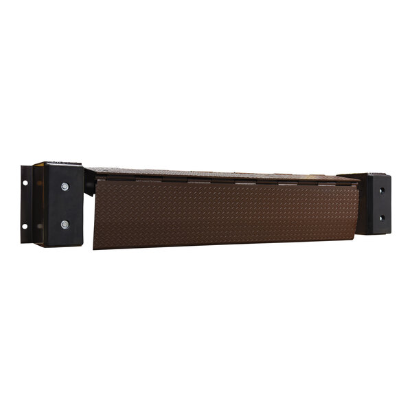 A brown metal Vestil Edge-O-Dock leveler with black metal bars.