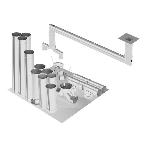 A group of pipes including a large round metal pipe with a round hole in it.