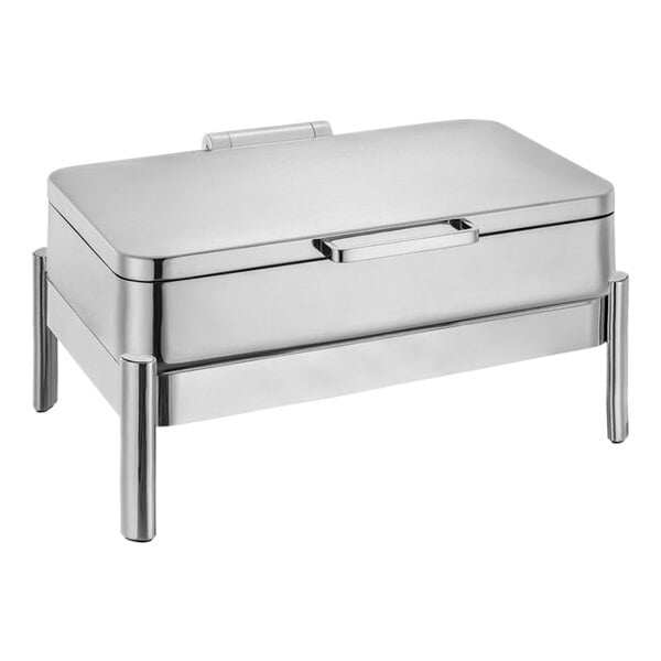 A silver rectangular stainless steel container with a lid.