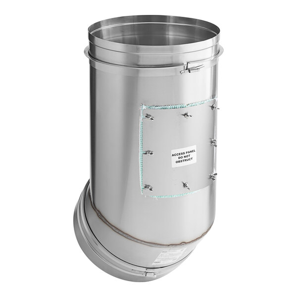 A stainless steel 45 degree elbow with a silver metal cover.