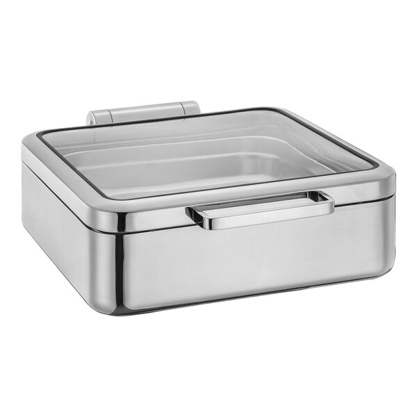 A silver rectangular stainless steel container with a hinged glass lid.