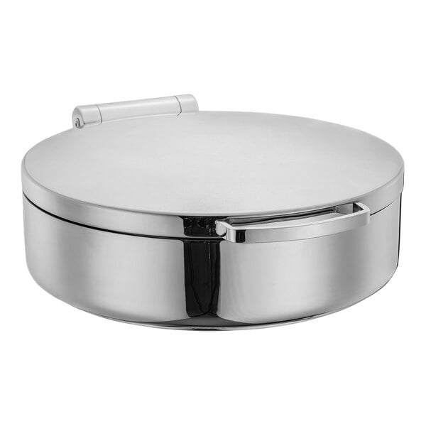 An Eastern Tabletop stainless steel round chafer with a hinged lid.