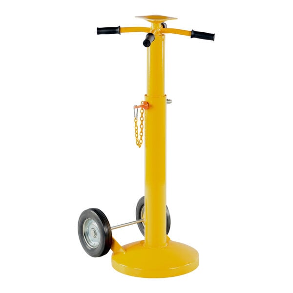 A yellow Vestil economy trailer stabilizing jack with rubber wheels.