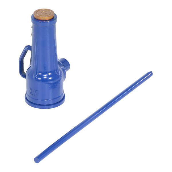 A blue metal Vestil screw jack with a handle.