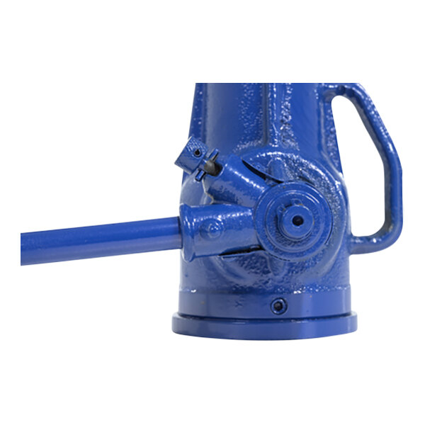 A blue mechanical screw jack with a handle.