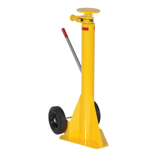 A yellow Vestil portable trailer stabilizing jack with black wheels and a red handle.