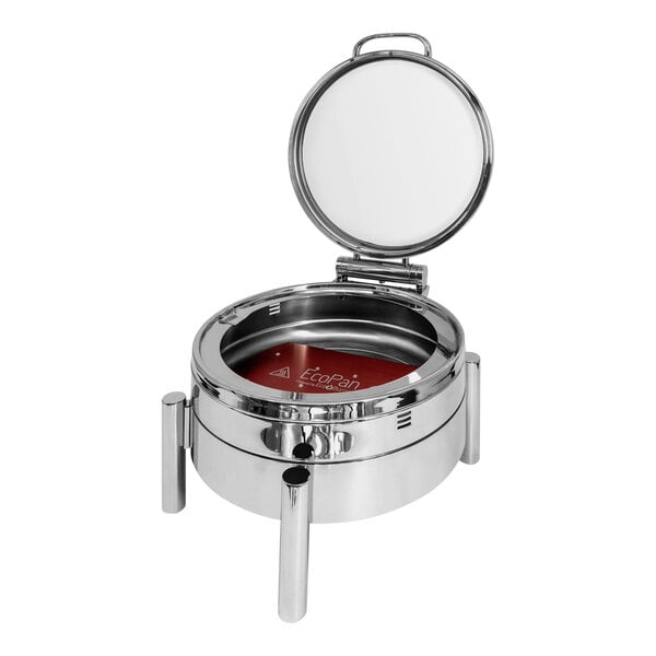 An EcoBurner round stainless steel waterless chafer with a hinged glass lid.