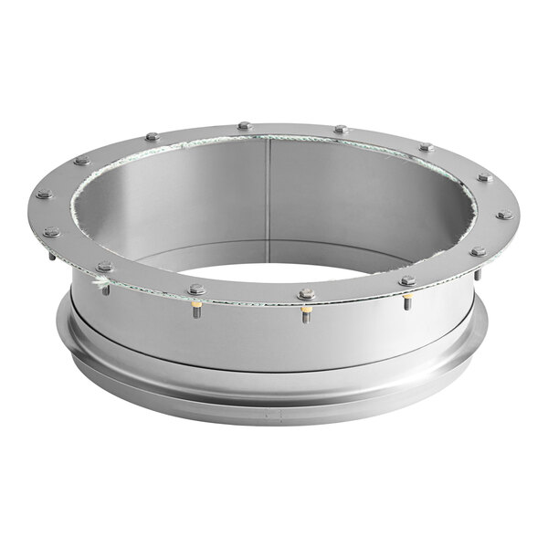 A stainless steel circular duct ring with screws on it.
