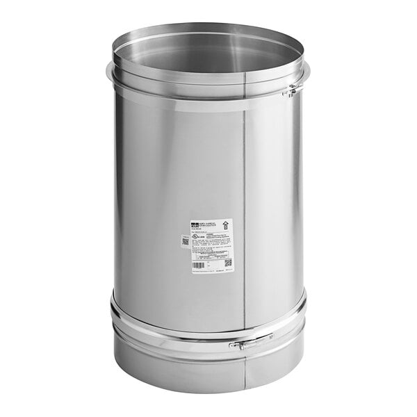 A stainless steel cylinder with a white label.