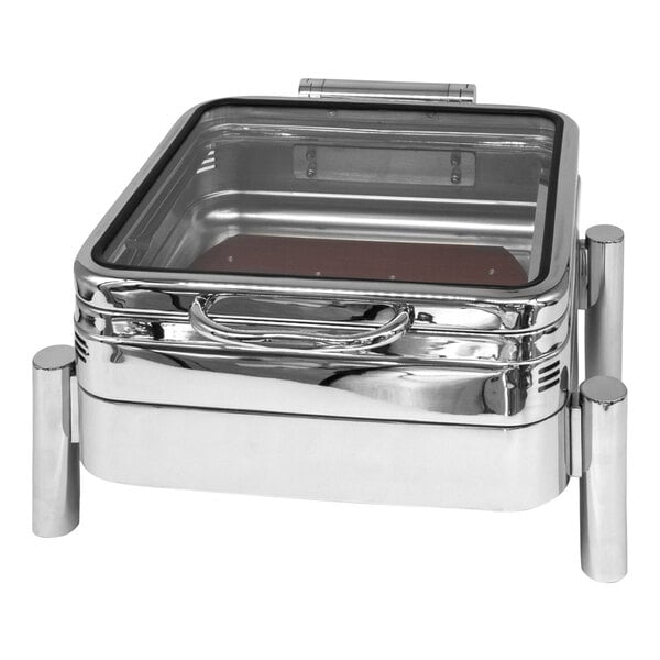 A silver stainless steel rectangular container with a glass lid.