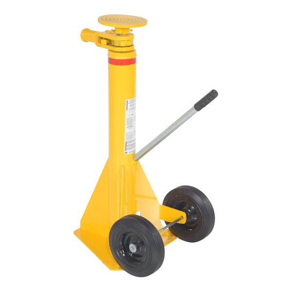 A yellow Vestil trailer ratchet jack.