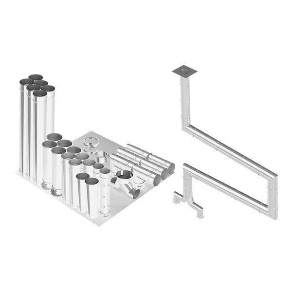 A metal pipe rack holding a group of metal pipes.